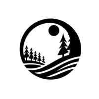 Monochromatic circular nature scene with silhouetted pine trees on rolling hills, sun, and water textures. vector