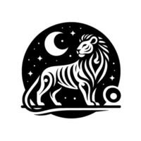 Celestial Lion Silhouette Black and White ZodiacInspired Art Featuring a Regal Feline Under a Crescent Moon and Stars within a Circle. vector
