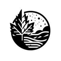 Black and white minimalist of a maple leaf, with landscape elements inside a circular frame, suggesting nature. vector
