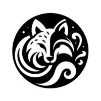 A stylized, black and white circular featuring a bisected foxs face, enveloped by swirling ornate elements, symbolizing balance and duality. vector