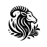 Artistic Black and White Illustration of a Rams Head, Adorned with Stylized Floral Elements, Elegant and Symbolic. vector