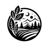 A circular black and white minimalist landscape illustration, featuring a leafy branch framing a stylized mountain range, trees, sun, and moon over a field. vector