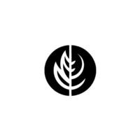 A minimalist black and white , featuring a stylized leaf within a circle, divided vertically by a central line, set against a stark white background. vector