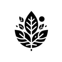 Monochromatic Leaf Cluster Stylized, symmetrical floral with varying leaf sizes and a central vertical structure, complemented by a single dot, all on white backdrop. vector