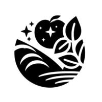 Black and white minimalist illustration of a stylized apple with leaves, nestled within a crescent landscape, and starry elements. vector