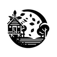 Black and White Minimalist Illustration of a Cottage in Natures Embrace within a Circular Frame with Falling Leaves. vector
