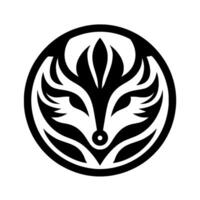 Intricate Black and White Circular Emblem A stylized fox head featuring geometric shapes and elegant floral elements. vector