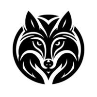 Stylized Wolf Head in a Circular Frame A monochrome, geometric illustration featuring a wolfs face with striped fur, sharp features, and a strong, simplified . vector