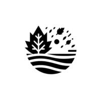 Minimalist black and white circular illustration depicting a stylized leaf and falling leaves in a fieldlike landscape, suggesting autumn. vector