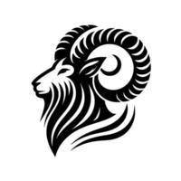 Intricate black and white ram head silhouette, showcasing detailed horns and beard on white background. vector
