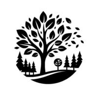Black and White Art Large Leafy Tree with Pine Forest Silhouette Within a Circular Frame vector