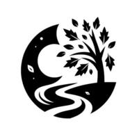 Symbolic black and white illustration of a tree, winding path, and crescent moon within a circular frame, evoking nature and tranquility. vector