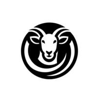 A minimalist, circular featuring a stylized, bold rams head in stark black and white, exuding a sense of strength. vector