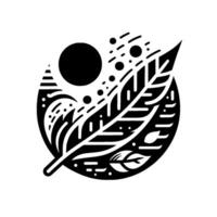 Monochromatic Geometric Featuring a Stylized Feather, Celestial Sphere, and Abstract Decorative Elements, Enclosed Within a Circular Frame. vector