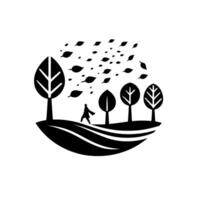 A minimalist black and white illustration depicts a solitary figure walking beneath falling leaves in a windswept landscape adorned with stylized trees. vector