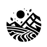 A stylized, minimalist black and white circular illustration showcasing a landscape of mountains, fields, sun, and falling leaves, evoking a sense of peace and tranquility. vector