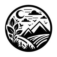 Black and white circular featuring a mountain landscape with fields, birds, a tree, moon, and clouds in a minimalist style. vector