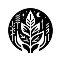 A stylized, monochrome emblem of natures embrace a central leaf surrounded by trees, a crescent moon, stars, and a protective handlike shape, all within a black circle. vector