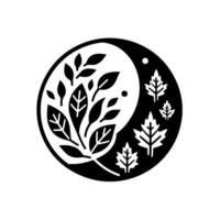 Symbolic YinYang composition featuring lush leaves and maple leaf shapes within a black and white circular arrangement, symbolizing balance. vector