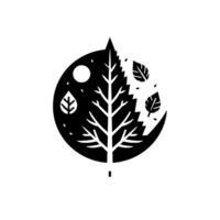 Symbolic black and white depicting a tree within a circle, representing night and day, with falling leaves and a minimal aesthetic. vector