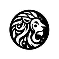 Symbolic Lion Head A striking black and white circular emblem showcasing a stylized lion profile with flowing mane and detailed features. vector