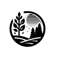 Circular Black and White Minimalist Nature Illustration featuring a stylized tree, a sun with horizontal lines, fir trees, and a grassy landscape. vector