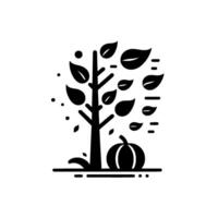 Silhouette of an autumnal tree with falling leaves and pumpkin, , minimalistic style on white. vector