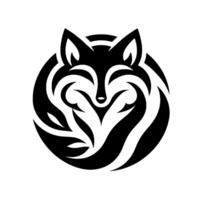 A stylized, symmetrical fox composed of flowing, black lines within a circular frame, emphasizing positive and negative space against a white background. vector