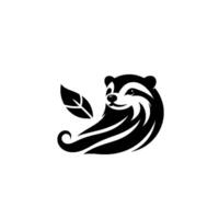 A stylized black and white illustration of a raccoonlike animal with flowing fur and a leaf, showcasing a friendly and charming against a plain white backdrop. vector