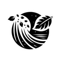 Abstract Black White Composition Leaves Floating Across a Curve and Against a Starry Circle, with a Striking Contrast. vector
