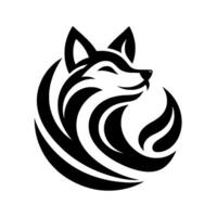 A stylized, minimalist black and white illustration of a smiling fox, with swirling lines forming its fur, rendered in a circular composition. vector