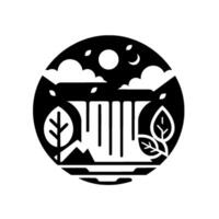 A minimalist, circular illustration of a waterfall and landscape, with stylized trees, clouds, moon, and stars in a black and white . vector