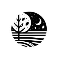 A stylized, minimalist illustration depicting a split composition within a circle, contrasting day and night with a tree and crescent moon. vector