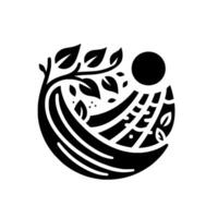 Stylized black and white circular emblem featuring a tree with leaves, abstract landscape, and a sun element. vector