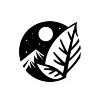 Minimalist Monochrome Nature Scene Mountain Range Under a Starry Night Sky Inside a Circular Frame with Oversized Leaf Element vector