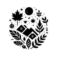 A serene black and white circular emblem featuring two houses, leaves, a moon, and a butterfly in a natureinspired . vector