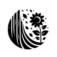 A stylized, black and white sunflower illustration, encased in a circular frame with abstract strokes and falling leaves, evoking nature and simplicity. vector