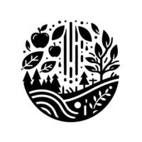 A stylized, minimalist black and white circular illustration featuring a nature scene with trees, apples, rain and leaves. vector