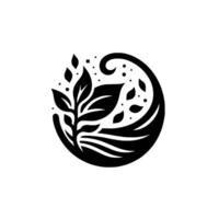 A stylized, black and white depicting a hand cradling a leafy branch, within a circular frame of flowing lines and scattered dots, suggesting growth and care. vector