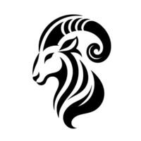 A stylized, minimalist black and white illustration of a rams head, featuring bold lines and curved horns, creating a dynamic and artistic . vector
