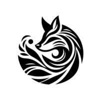 Elegant Black and White Circular Featuring a Stylized Fox Profile Intertwined with Flowing Leaf Elements. vector