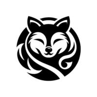 A minimalist black and white fox , featuring a stylized, smiling fox head encircled in a black orb with flowing, decorative accents. vector