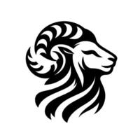 Intricate Black and White Ram Head Sleek with Detailed Horns and Flowing Mane, on a Clean White Background. vector