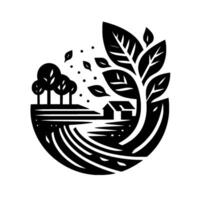 Stylized monochrome illustration of a rural landscape contained within a semicircular frame, featuring fields, houses, trees, and a large leafy branch. vector