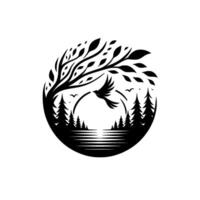 Silhouette of a serene forest scene within a circle, featuring a tree, a bird in flight, evergreen trees, and a tranquil lake, a . vector