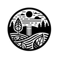 A circular black and white of a stylized landscape featuring trees, water, sun and clouds, in a flat style. vector