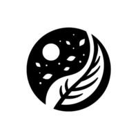 A Yin and Yanginspired emblem depicts natures balance halfmoon, stars, and leaves harmoniously blended with a stylized, detailed leaf form. vector