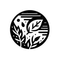Minimalist Black and White Botanical Illustration Leaf, Rain, and Foliage Elements Enclosed in a Circular Frame, Evoking a NatureInspired Aesthetic. vector