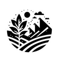 Minimalist monochrome landscape illustration within a circle, featuring a stylized plant, mountains, sun, clouds, and a field. vector