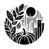 A monochromatic, circular illustration combining a fall harvest scene with a cityscape. The image features a pumpkin, foliage, a sun, stylized rain, and buildings. vector